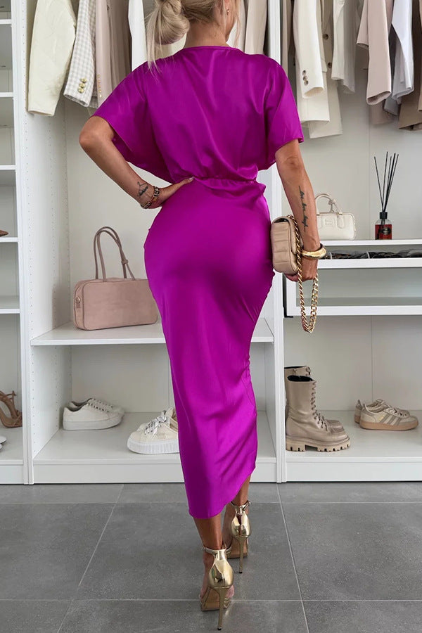 Satin Twisted Chest Dress | Batwing Sleeve Midi | noémi