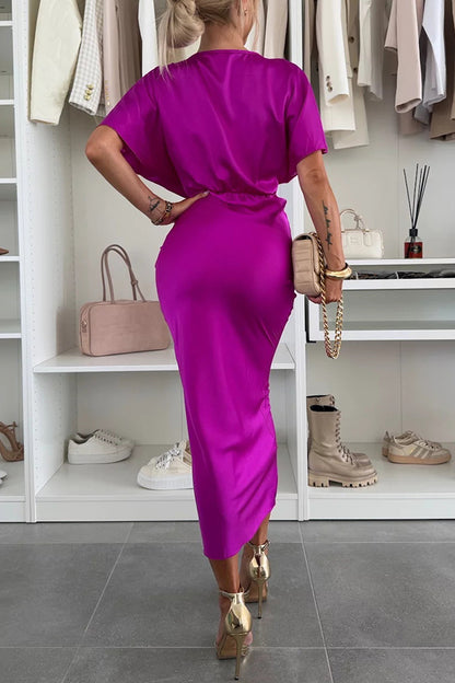 Satin Twisted Chest Dress | Batwing Sleeve Midi | noémi