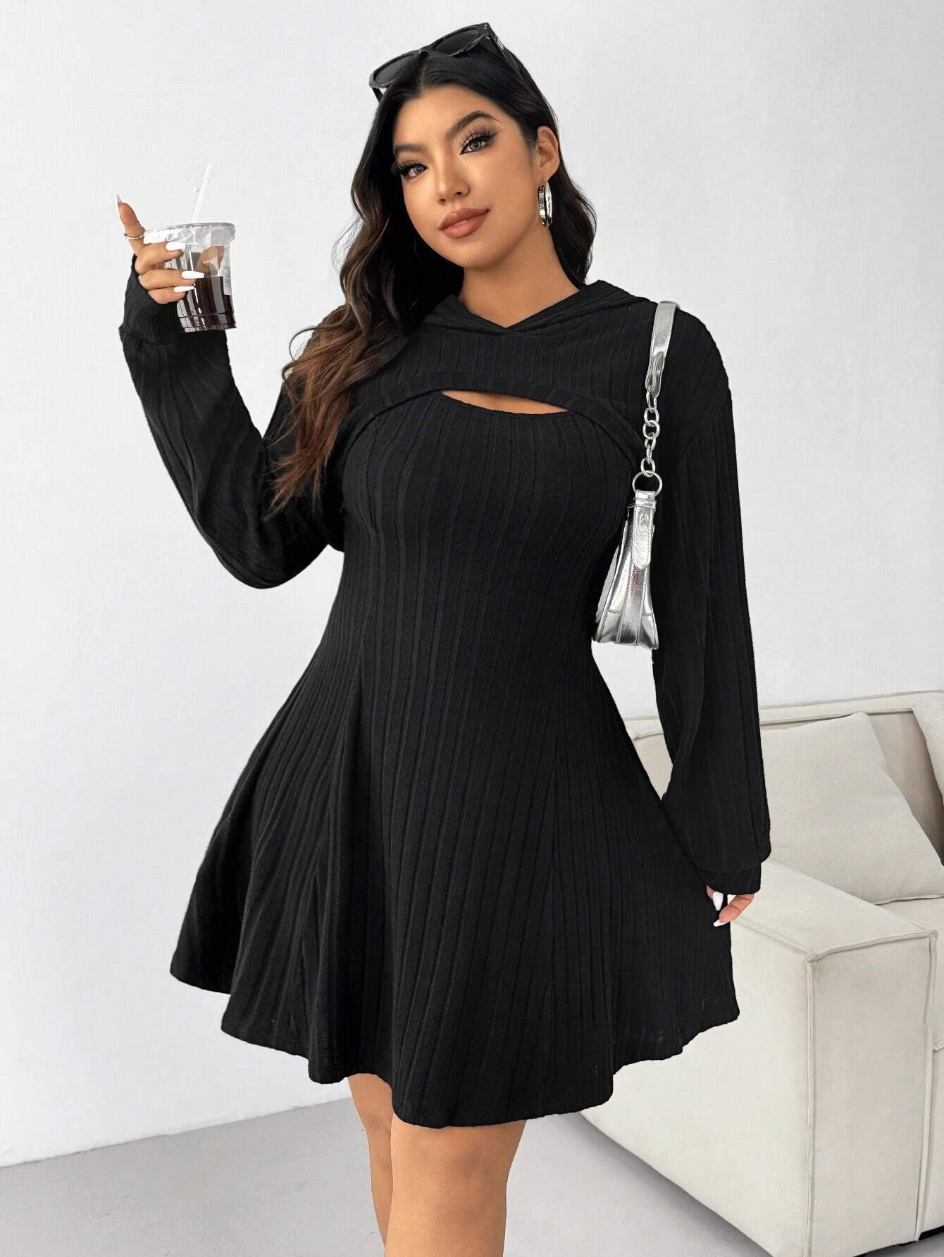 Ribbed Knit Long Sleeve Mini Dress with Keyhole Detail | noémi