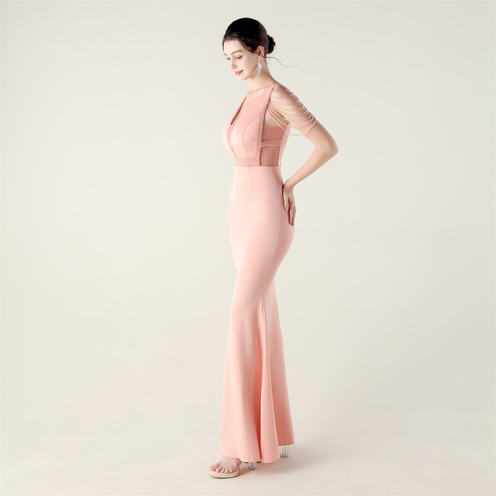Deep V Plunge Beaded Evening Dress | Slim Fit Gown | noémi