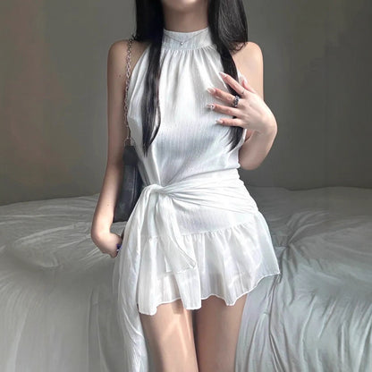 Womens Halter Neck Sleeveless Dress with Lace Up Waist and Double Layer Flounced Skirt | noémi