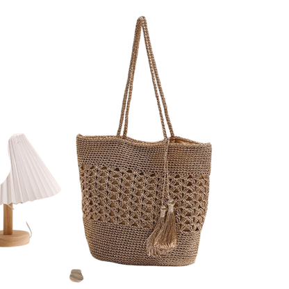 Large-Capacity Hollow-Out Straw Shoulder Tote – Tassel Boho Beach Bag, Natural/Gold | noémi