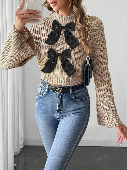 Womens Cropped Knit Sweater with Bow Detail | Flared Sleeves & Half Turtleneck Pullover | noémi