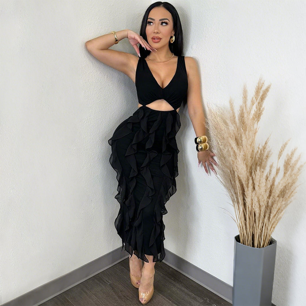 V Neck Sleeveless Cut Out Dress | Ruffled Hem Thigh High Split | noémi