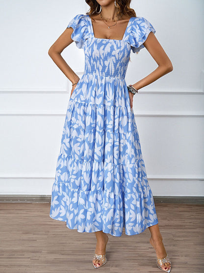 Womens Boho Print Midi Dress with Ruffle Sleeves & Pleated Skirt | Square Neckline | noémi