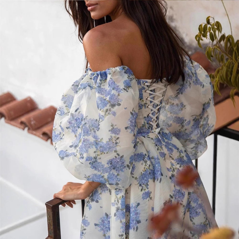 Floral Off Shoulder Dress | Split Gown with Puffy Sleeves & Corset Bodice | noémi