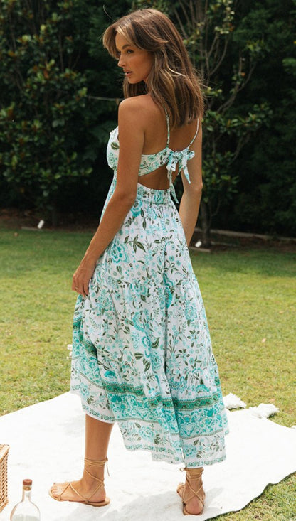 Womens Floral Maxi Dress | V Neck, Backless Lace Up | noémi