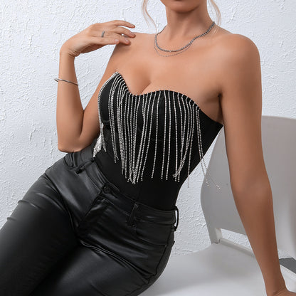 Crystal Fringe Strapless Bodysuit | Rhinestone Tassel Detailing | noémi