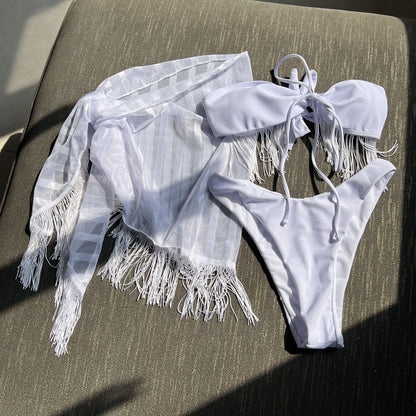Tassel Detail Bandeau Mesh Three Piece Bikini Set | noémi