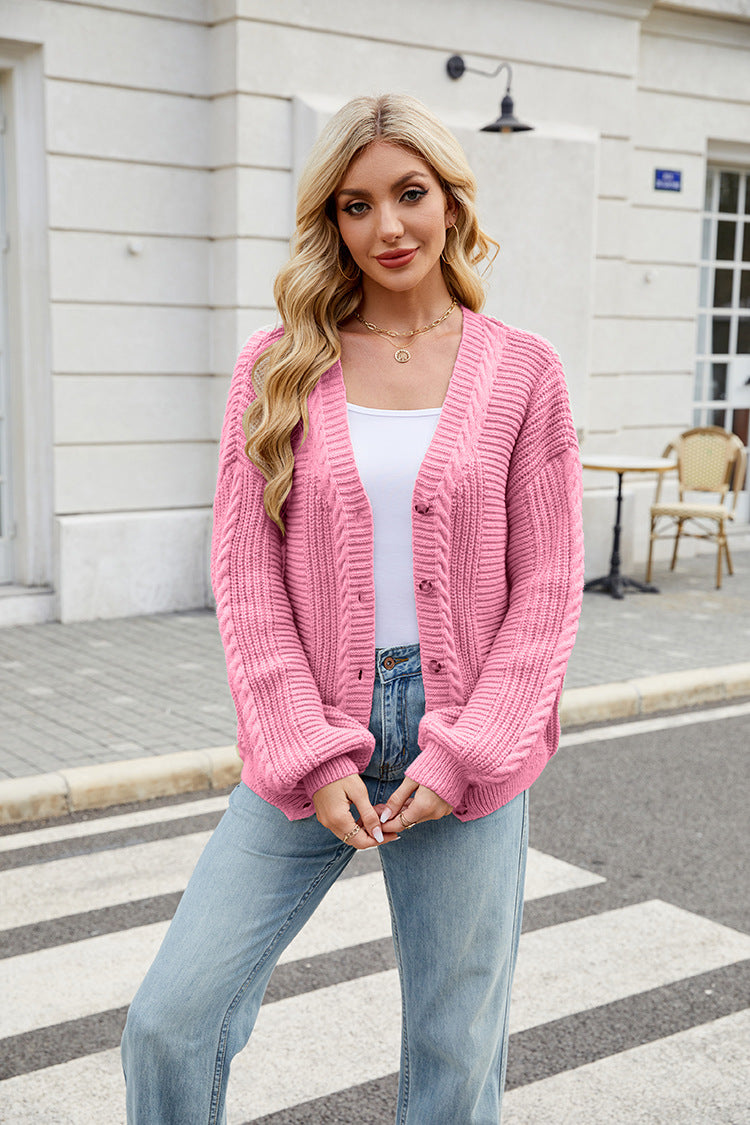 V Neck Cable Knit Cardigan | Loose Fit, Long Sleeve Sweater Coat | noémi