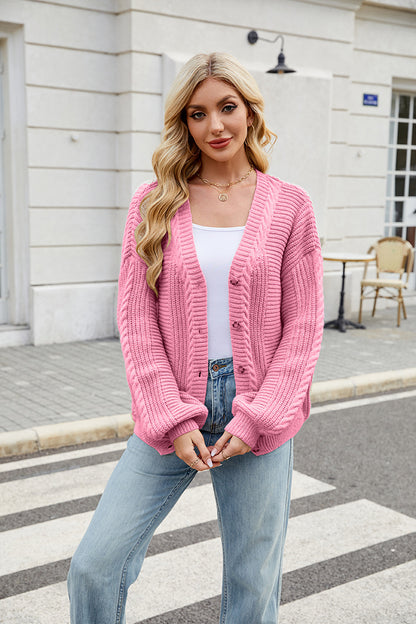 V Neck Cable Knit Cardigan | Loose Fit, Long Sleeve Sweater Coat | noémi
