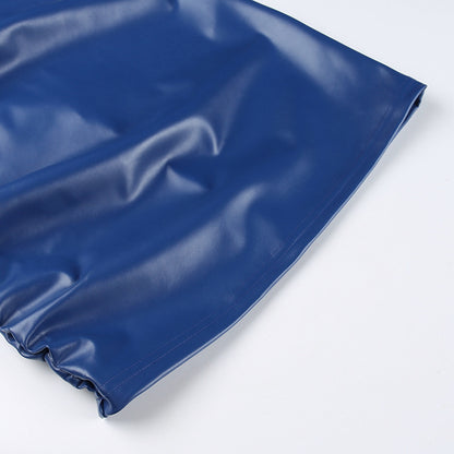 Stand Collar | Sleeveless | Ruffle Hip | Faux Leather | Slim Fit Dress | noémi