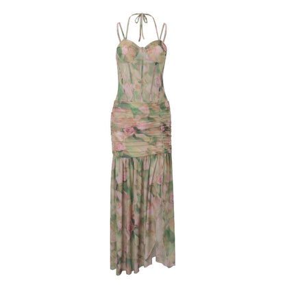 Floral Mesh Corset Maxi Dress | Ruched Gown with Thigh Slit | noémi
