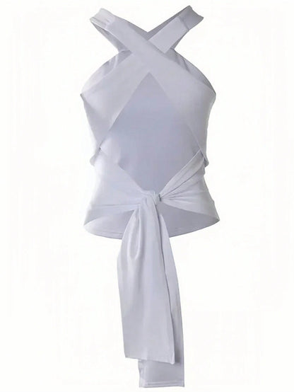 Women's White Cross Halter Backless Sleeveless Top | noémi