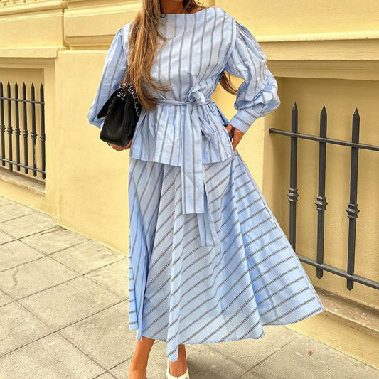 Womens Striped Two Piece Skirt Set | Long Sleeve Round Neck Pullover Top with Tie Waist | noémi