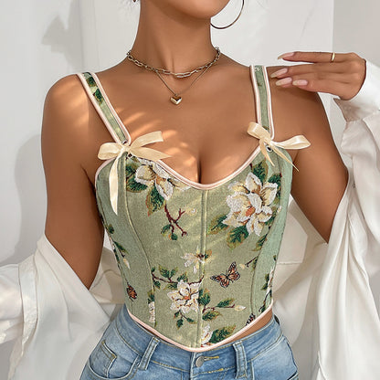 Floral Print Bow Shoulder Strap Corset Vest with Fitted Silhouette | noémi