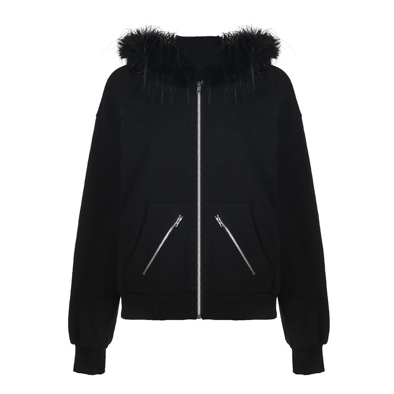 Fur Collar Hoodie Coat with Zipper Pockets | Loose Fit  Stitching Cardigan for Women | noémi