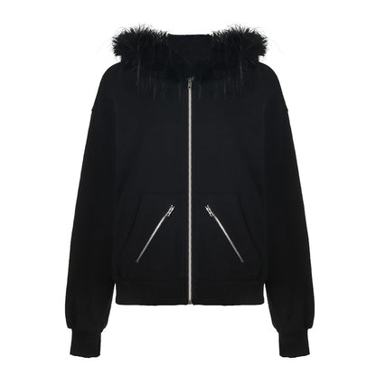 Fur Collar Hoodie Coat with Zipper Pockets | Loose Fit  Stitching Cardigan for Women | noémi