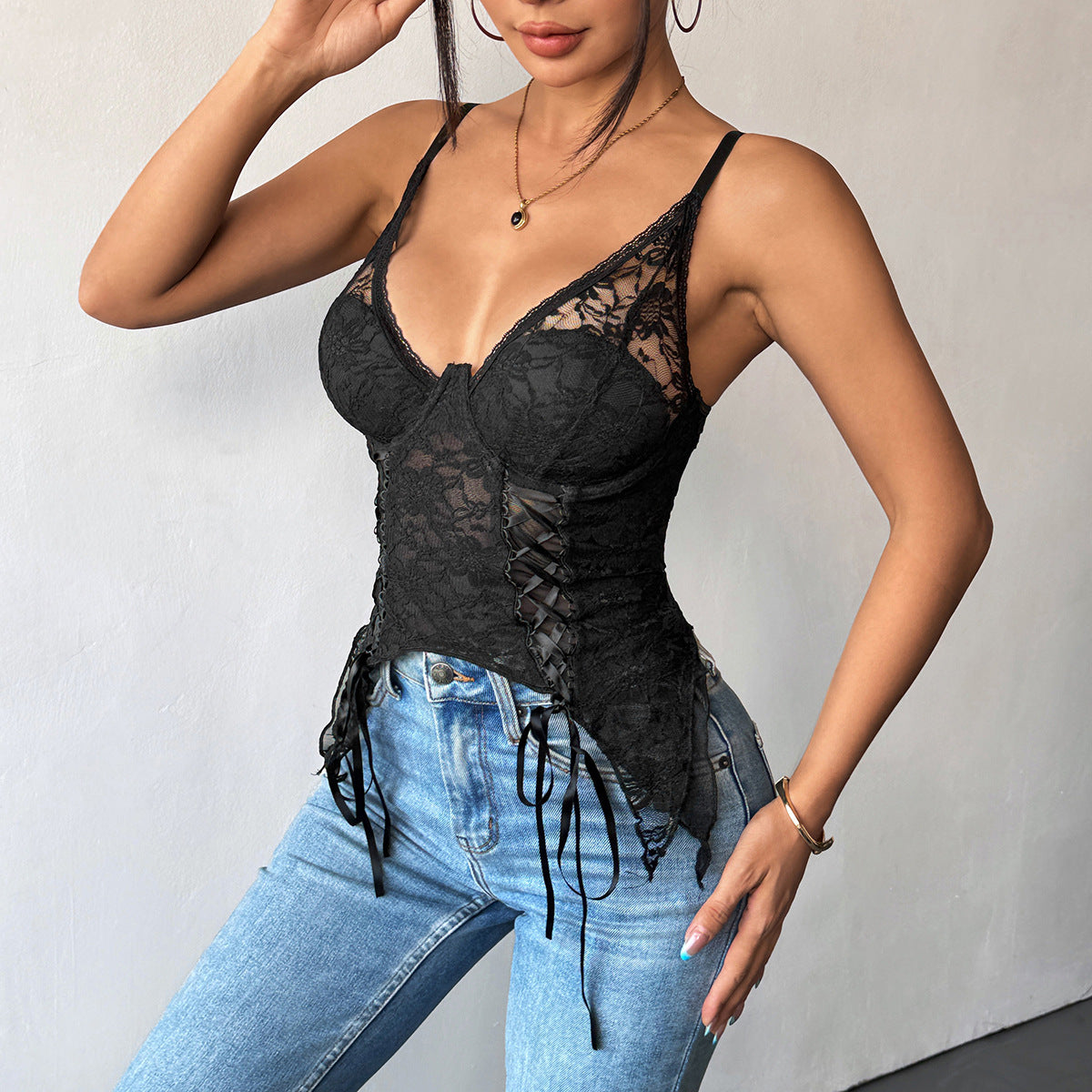 Lace Bustier Top for Women | Double Layer Shaped Strap | Deep V Neck Backless Slim Fit | noémi