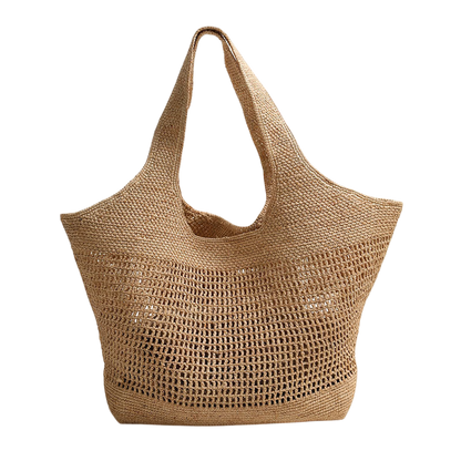 Raffia Straw Shoulder Tote Bag – Large Capacity, Hollow-Out Weave, Brown | noémi