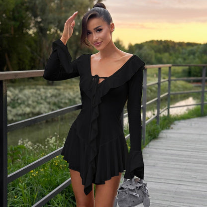 Womens Ruffled Pointed Collar Dress with Rope Tie and Bell Sleeves | noémi