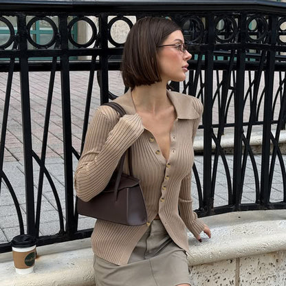 Ribbed V Neck Cardigan for Women | Slim Fit, Wool Blend, Button Down Long Sleeve Top | noémi