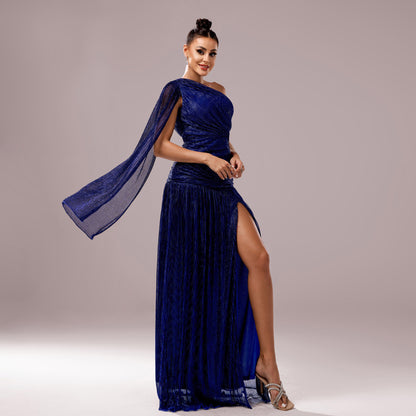 One Shoulder Sparkle Gown | Draped Sleeve & High Slit | Cocktail Dress | noémi
