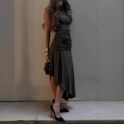 Womens Midi Dress | Slim Fit, Pleated Detail, Round Neck | noémi