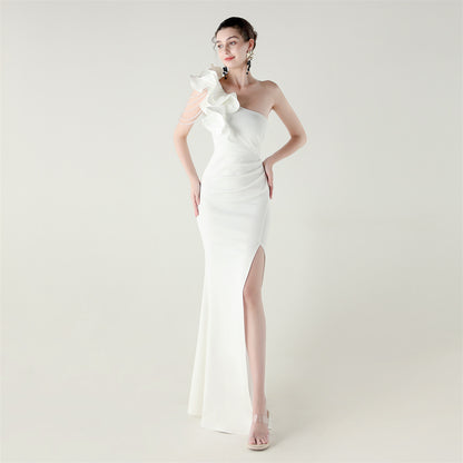 One Shoulder Ruffle Dress with High Slit | Craft Beaded Floral Satin Detail | noémi