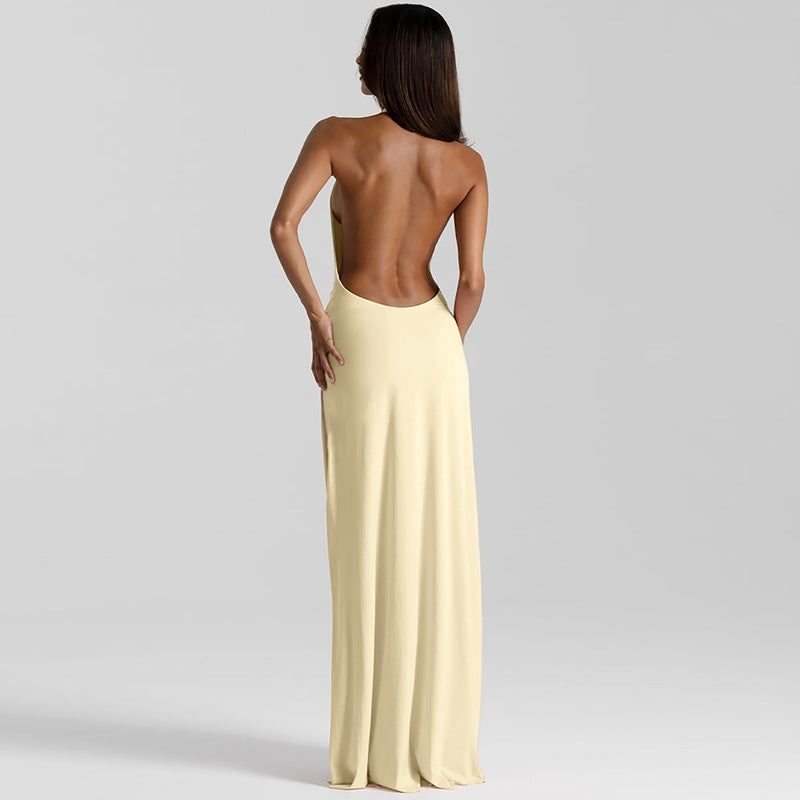 Womens Deep V Halter Pleated Backless Dress | noémi