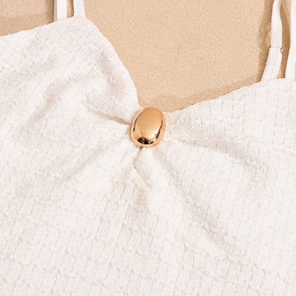 White Textured Knit Bodycon Dress | Slim Fit, Spaghetti Straps, 3D Fabric | noémi