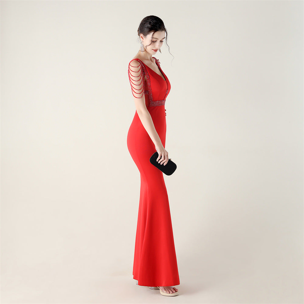 Deep V Plunge Beaded Evening Dress | Slim Fit Gown | noémi