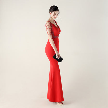 Deep V Plunge Beaded Evening Dress | Slim Fit Gown | noémi