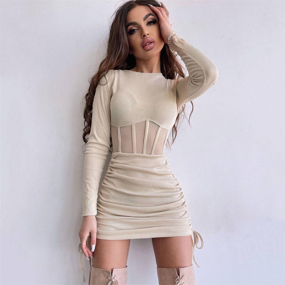 Mesh Hollow Out Waist Cutout Dress | Long Sleeve Pleated Mini Dress for women | noémi