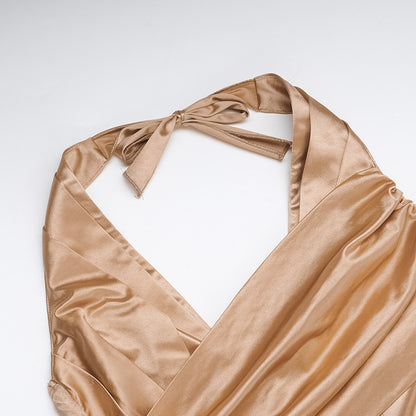 Satin Halter Gown | Backless Evening Dress, High Slit, Champagne Gold Elegance | noémi