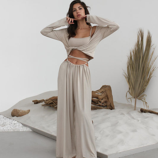 Three Piece Lounge Set for Women | Crop Top, Wrap Cardigan & Wide Leg Pants | noémi