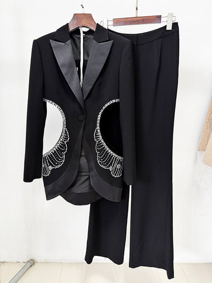 Rhinestone Blazer & Trousers Set | Cutout Crystal Embellished Two Piece Suit | noémi