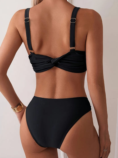 Solid Color Two Piece Bikini Set with Strap Detail for Women | noémi