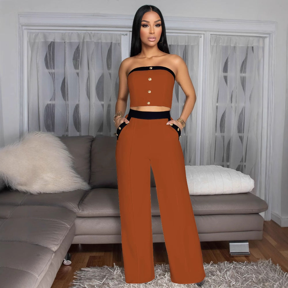 Womens Two Piece Set | Strapless Color Block Corset Top High Waist Wide Leg Pants | noémi