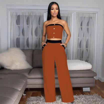 Womens Two Piece Set | Strapless Color Block Corset Top High Waist Wide Leg Pants | noémi