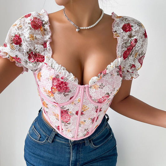 Women’s Floral Embroidered Puff Sleeve Corset Top | Lace Up Bustier Crop Blouse | noémi