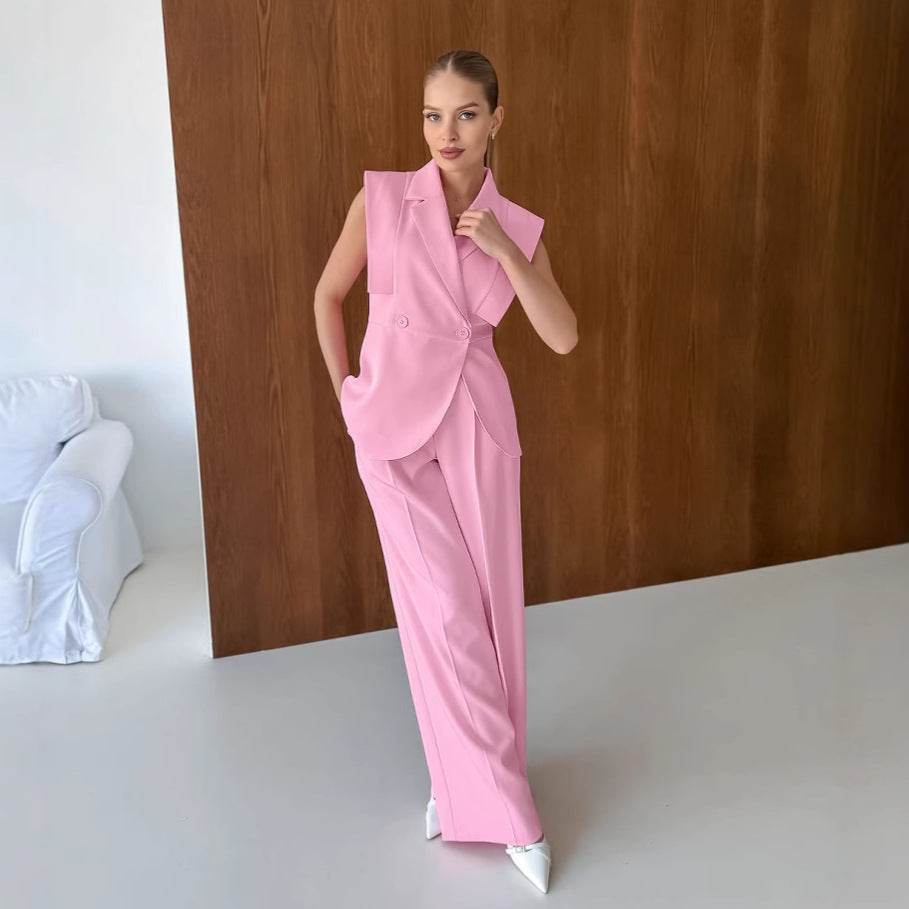 Pink Sleeveless Blazer & Wide Leg Trousers Set | Summer Two Piece Suit | noémi