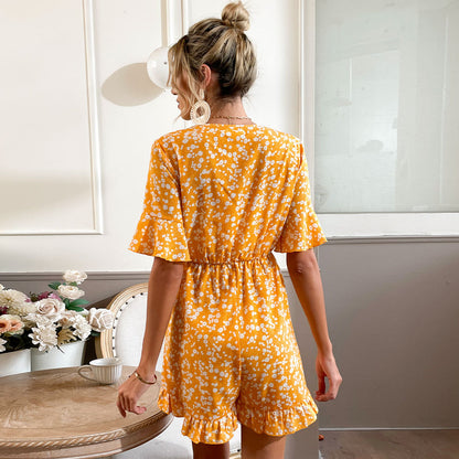 Women’s V Neck Bell Sleeve Romper | Floral LaceUp, One Piece | noémi