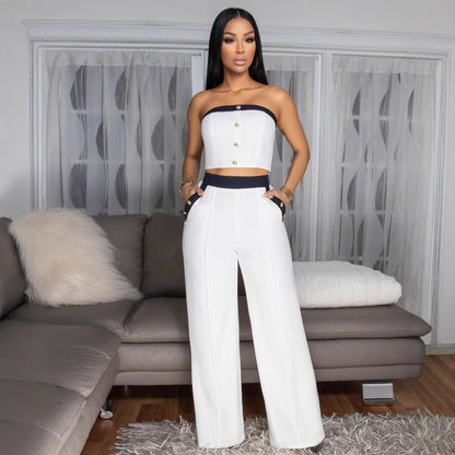 Womens Two Piece Set | Strapless Color Block Corset Top High Waist Wide Leg Pants | noémi
