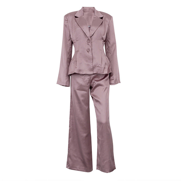 Satin Two Piece Set for Women | Pleated Waist Blazer & Wide Leg Pants | noémi