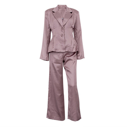 Satin Two Piece Set for Women | Pleated Waist Blazer & Wide Leg Pants | noémi