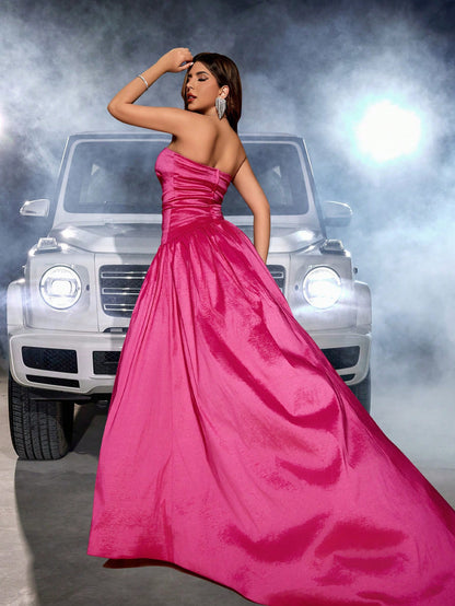 Pink Satin Tube Top Ball Gown | Thigh High Slit, Backless, ALine Dress | noémi