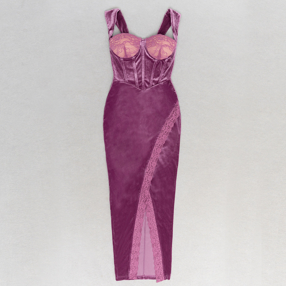 Lace Trim Strap Dress with Side Slit and Shoulder Detail | noémi