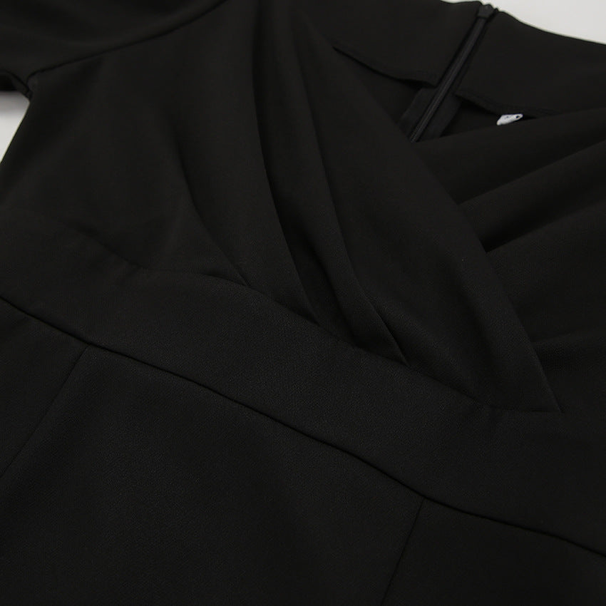 Long Sleeve V Neck Slim Fit Dress with Pleated Waist and Side Slit | noémi