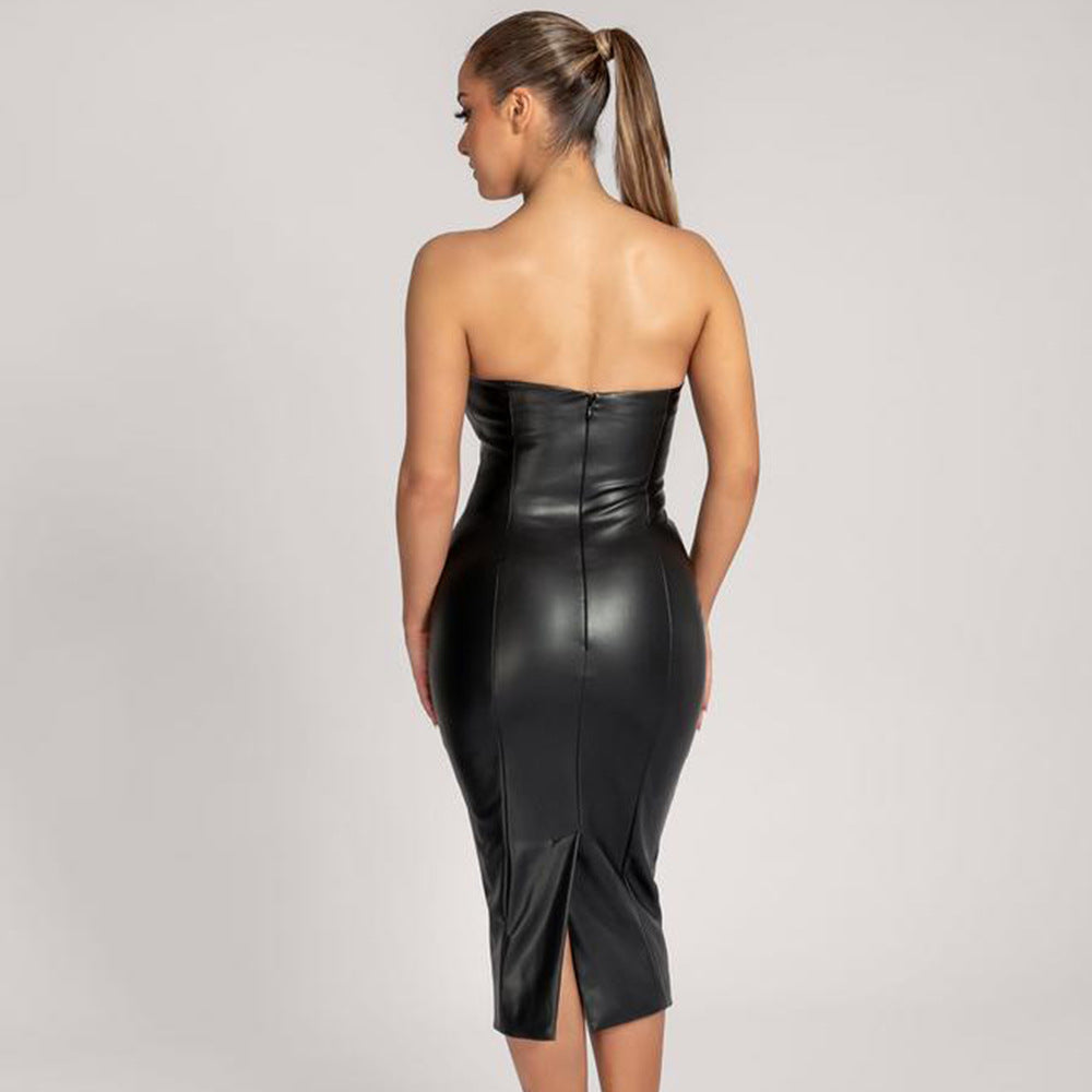 Faux Leather Midi Dress | Slim Fit Tube Top with Back Slit | noémi